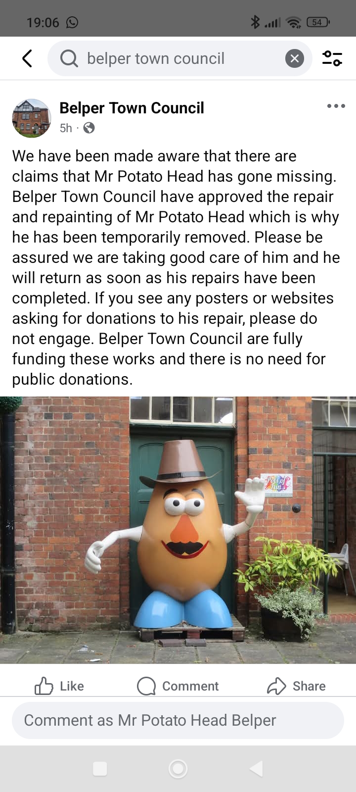Screenshot of Belper Town Council's Facebook post about Mr Potato Head