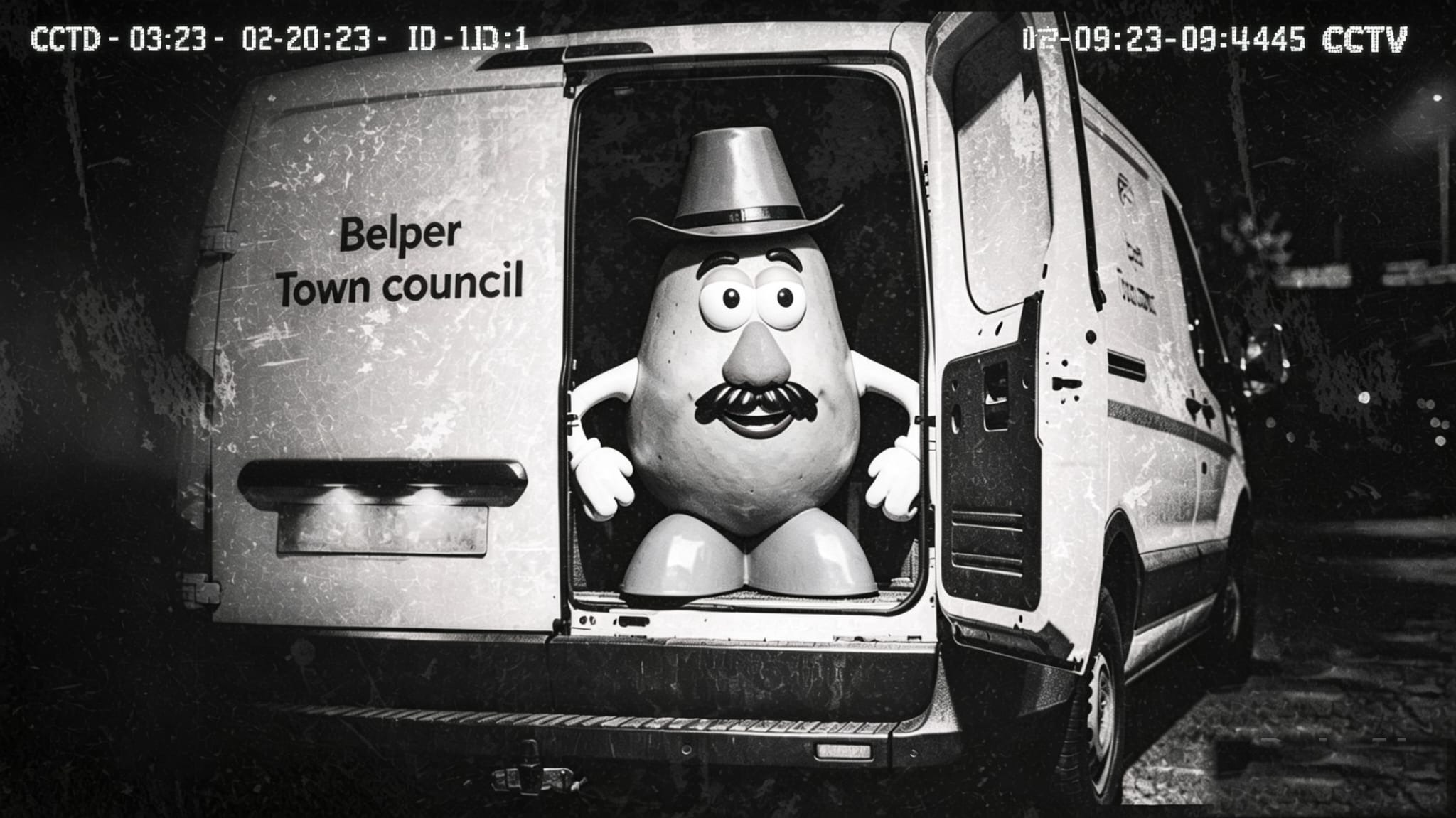 Mr Potato Head in the back of a Belper Town Council van at night